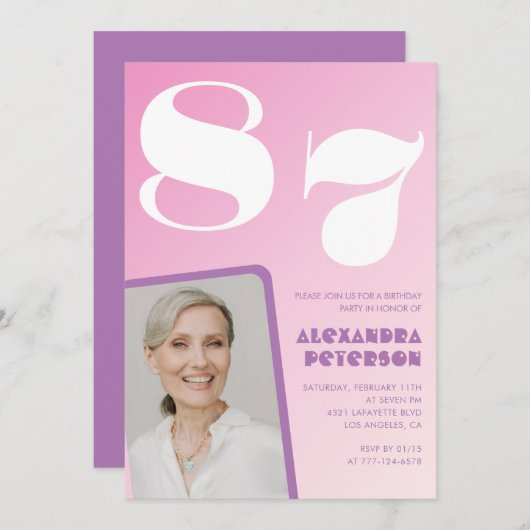 ピンク紫グラデーション写真87歳 招待状 (正面/裏面)