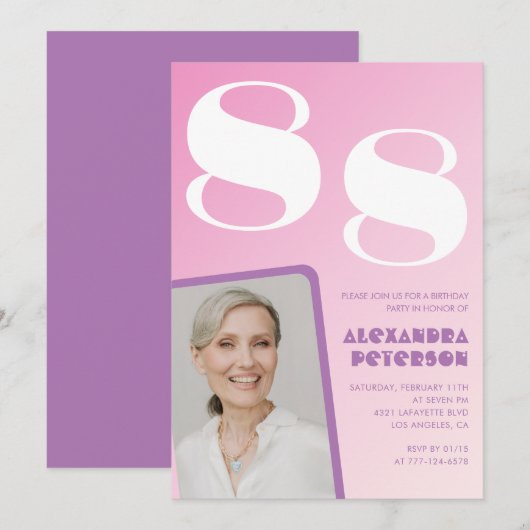 ピンク紫グラデーション写真88歳 招待状 (正面/裏面)