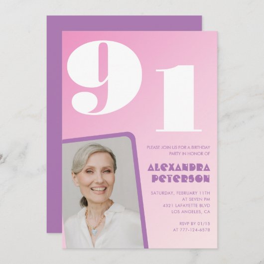 ピンク紫グラデーション写真91歳 招待状 (正面/裏面)