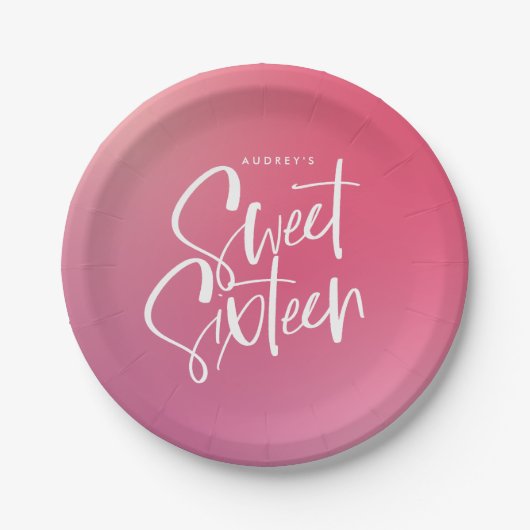 ピンク紫グラデーション書道Sweet sixteen ペーパープレート (正面)