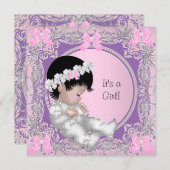 ピンク紫グレー赤ちゃんシャワーかわいい赤ちゃん女の子 招待状 (正面/裏面)