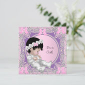 ピンク紫グレー赤ちゃんシャワーかわいい赤ちゃん女の子 招待状 (スタンド正面)