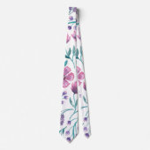 ピンク紫ティール(緑がかった色)水彩花模様 ネクタイ (正面)