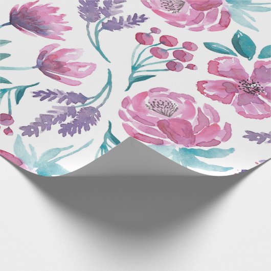 ピンク紫ティール(緑がかった色)水彩花模様 ラッピングペーパー (角)
