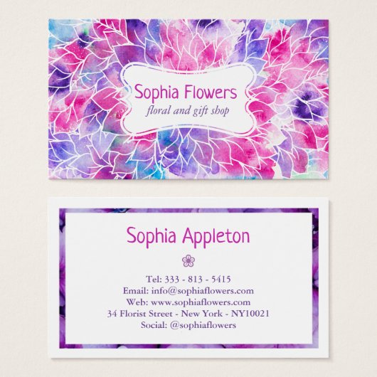 ピンク紫ティール(緑がかった色)色彩の鮮やか手色フローラ (正面&裏面)