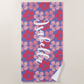 ピンク紫ハワイアンの花パーソナライズされた名 ビーチタオル (正面)