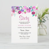 ピンク紫ミントウオーターカラーフラワーズ60誕生日 招待状 (スタンド正面)