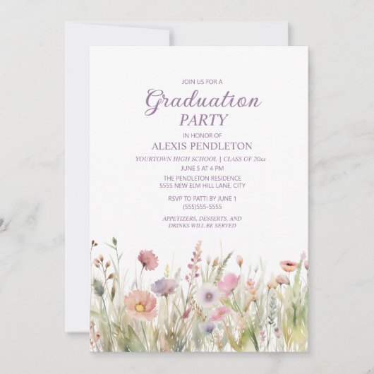 ピンク紫ワイルドフラワーハイスクール卒業 招待状 (正面)