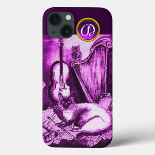 ピンク紫玉モノグラムのフクロウを有するミュージカル猫 iPhone 13ケース