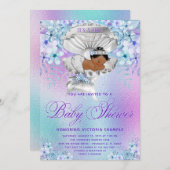 ピンク紫色のアフリカ人魚の赤ちゃんシャワー 招待状 (正面/裏面)