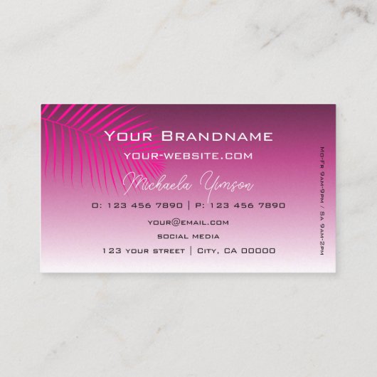 ピンク紫色のグラディエントのヤシの葉とモノグラムのシンプル 名刺 (裏面)