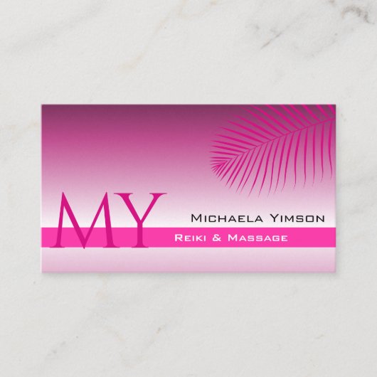ピンク紫色のグラデーションのパームリーフモノグラムとロゴ 名刺 (正面)