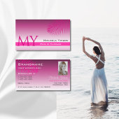 ピンク紫色のグラデーションのヤシの葉モノグラムと写真 名刺