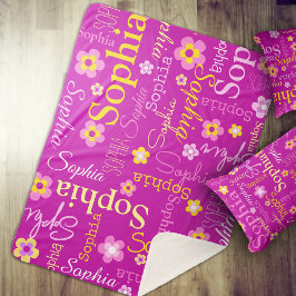 ピンク紫色のグラフィック花文字名パーソナライズ シェルパブランケット