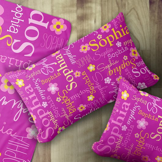 ピンク紫色のグラフィック花文字名パーソナライズ ランバークッション