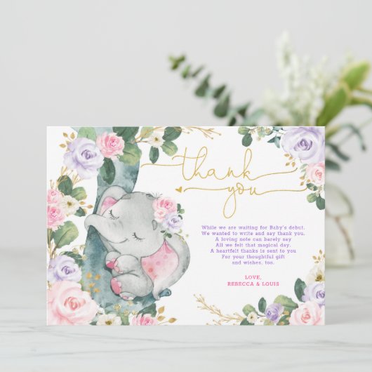 ピンク紫色のゾウの赤ちゃんシャワーサンキューカード 招待状 (スタンド正面)