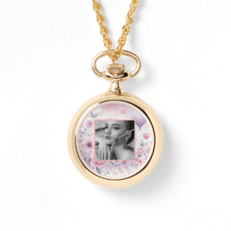 ピンク紫色のバラハートフローラ写真水色 腕時計