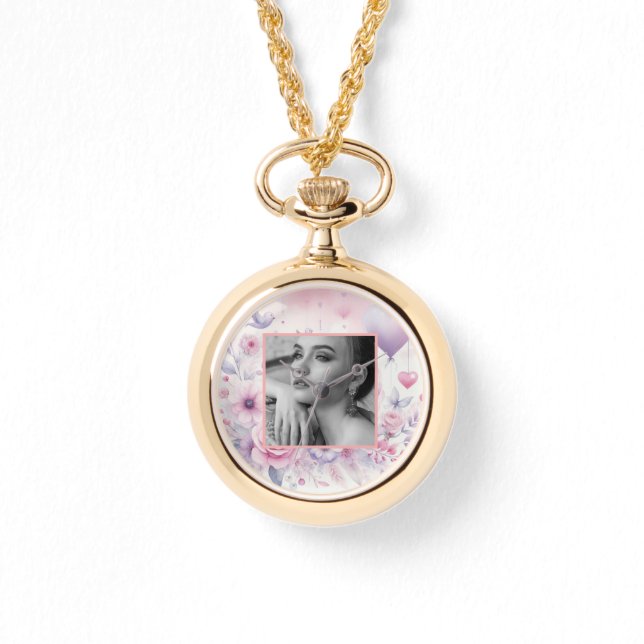 ピンク紫色のバラハートフローラ写真水色 腕時計 (正面)