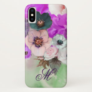 ピンク紫色のバラ、白アネモネ花モノグラム iPhone X ケース