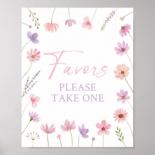 ピンク紫色のワイルドフラワーベビーシャワーの好意サイン ポスター (正面)