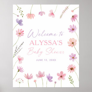 ピンク紫色のワイルドフラワーベビーシャワー歓迎サイン ポスター