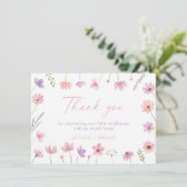 ピンク紫色のワイルドフラワーベビーシャワー サンキューカード (スタンド正面)