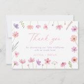 ピンク紫色のワイルドフラワーベビーシャワー サンキューカード (正面)