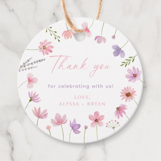 ピンク紫色のワイルドフラワーベビーシャワー フェイバータグ (正面)