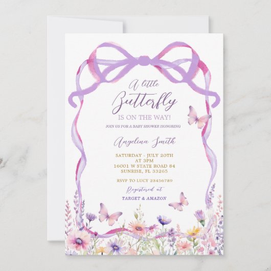 ピンク紫色のワイルドフラワー蝶の赤ちゃんシャワー 招待状 (正面)