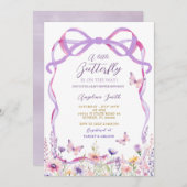 ピンク紫色のワイルドフラワー蝶の赤ちゃんシャワー 招待状 (正面/裏面)