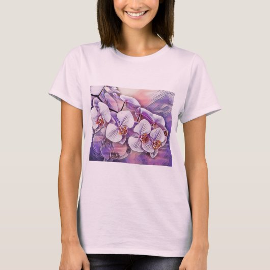 ピンク紫色の可愛い蘭の花スケッチ Tシャツ (正面)