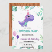 ピンク紫色の恐竜パーティー 招待状 (正面/裏面)