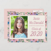 ピンク紫色の水彩フローラ卒業写真 案内ポストカード (正面/裏面)