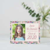 ピンク紫色の水彩フローラ卒業写真 案内ポストカード (スタンド正面)