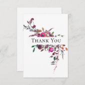 ピンク紫色の水彩フローラ緑結婚色 サンキューカード (正面/裏面)