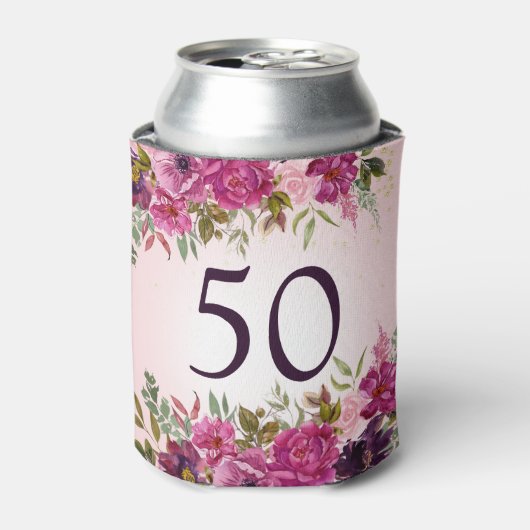 ピンク紫色の水彩フローラ50誕生日の好意 缶クーラー (缶正面)