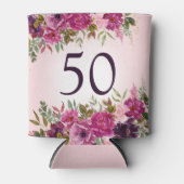 ピンク紫色の水彩フローラ50誕生日の好意 缶クーラー (正面)
