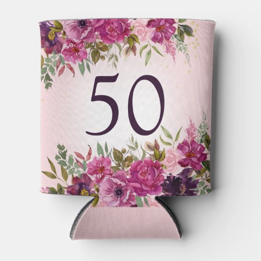 ピンク紫色の水彩フローラ50誕生日の好意 缶クーラー (正面)