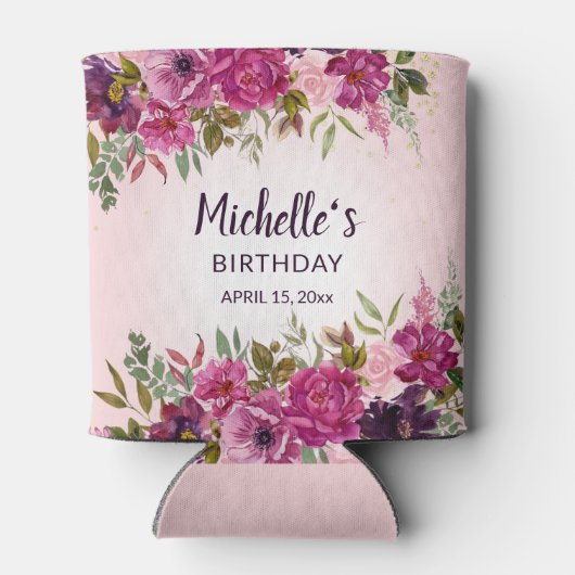 ピンク紫色の水彩フローラ50誕生日の好意 缶クーラー (裏面)
