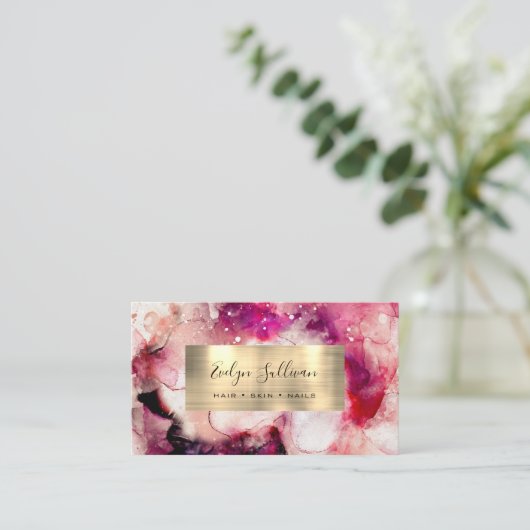 ピンク紫色の水彩名刺 名刺 (スタンド正面)