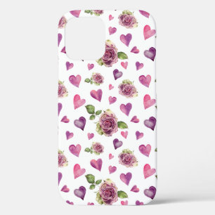 ピンク紫色の水彩花のハート iPhone 12ケース
