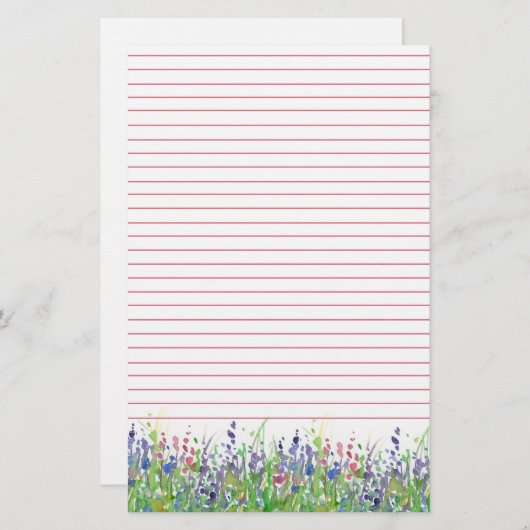 ピンク紫色の水彩野花が並ぶ 便箋 (正面/裏面)