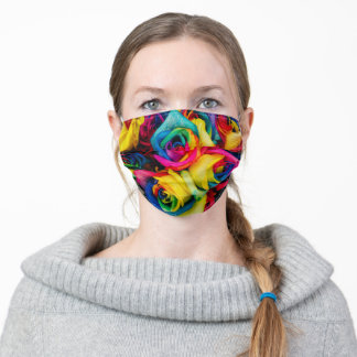 ピンク紫色の水色の花の緑葉の黒 大人用布マスク