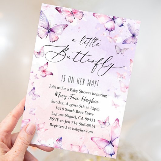ピンク紫色の水色バタフライベビーシャワー 招待状