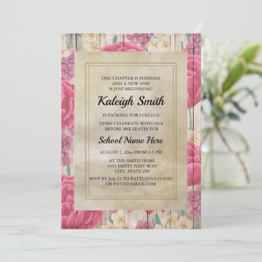 ピンク紫色の白い花素朴木の幹パーティー 招待状 (スタンド正面)