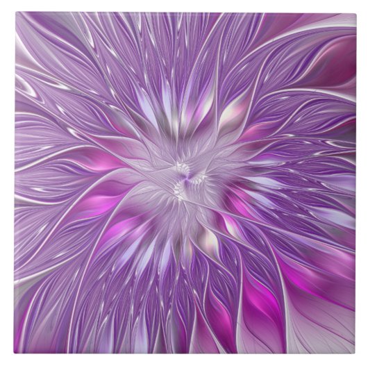 ピンク紫色の花の情熱抽象芸術フラクタルアート タイル (正面)
