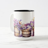 ピンク紫色の花を持つ水色の樽 ツートーンマグカップ (正面左)