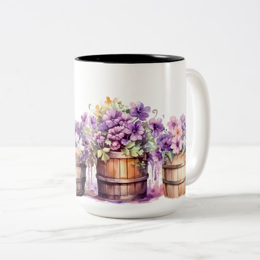 ピンク紫色の花を持つ水色の樽 ツートーンマグカップ (正面右)