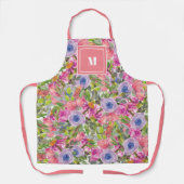ピンク紫色の花グリーン葉シズボホモノグラム エプロン (正面)