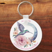 ピンク紫色の花ハミングバードの名パーソナライズされた前 キーホルダー (正面)